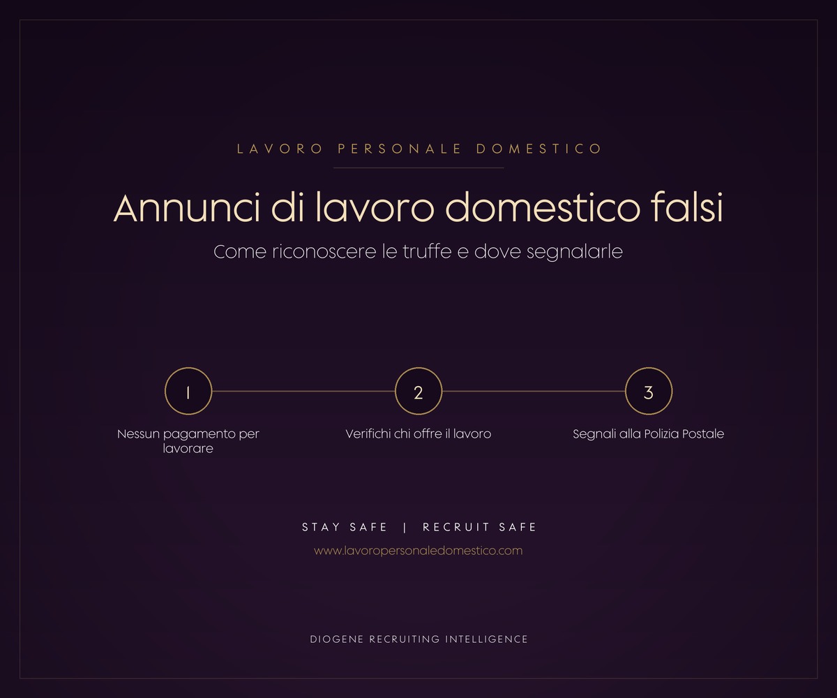 Copertina dell'articolo sugli annunci di lavoro domestico falsi: tre regole per chi cerca lavoro, non pagare per lavorare, verificare chi offre il posto, segnalare alla Polizia Postale