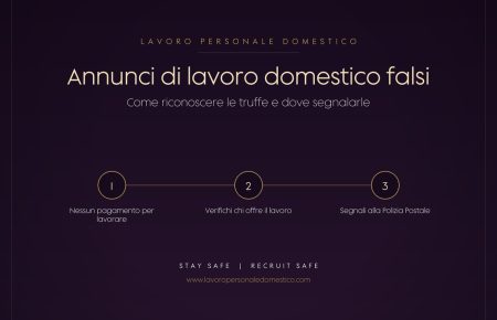 Copertina dell'articolo sugli annunci di lavoro domestico falsi: tre regole per chi cerca lavoro, non pagare per lavorare, verificare chi offre il posto, segnalare alla Polizia Postale